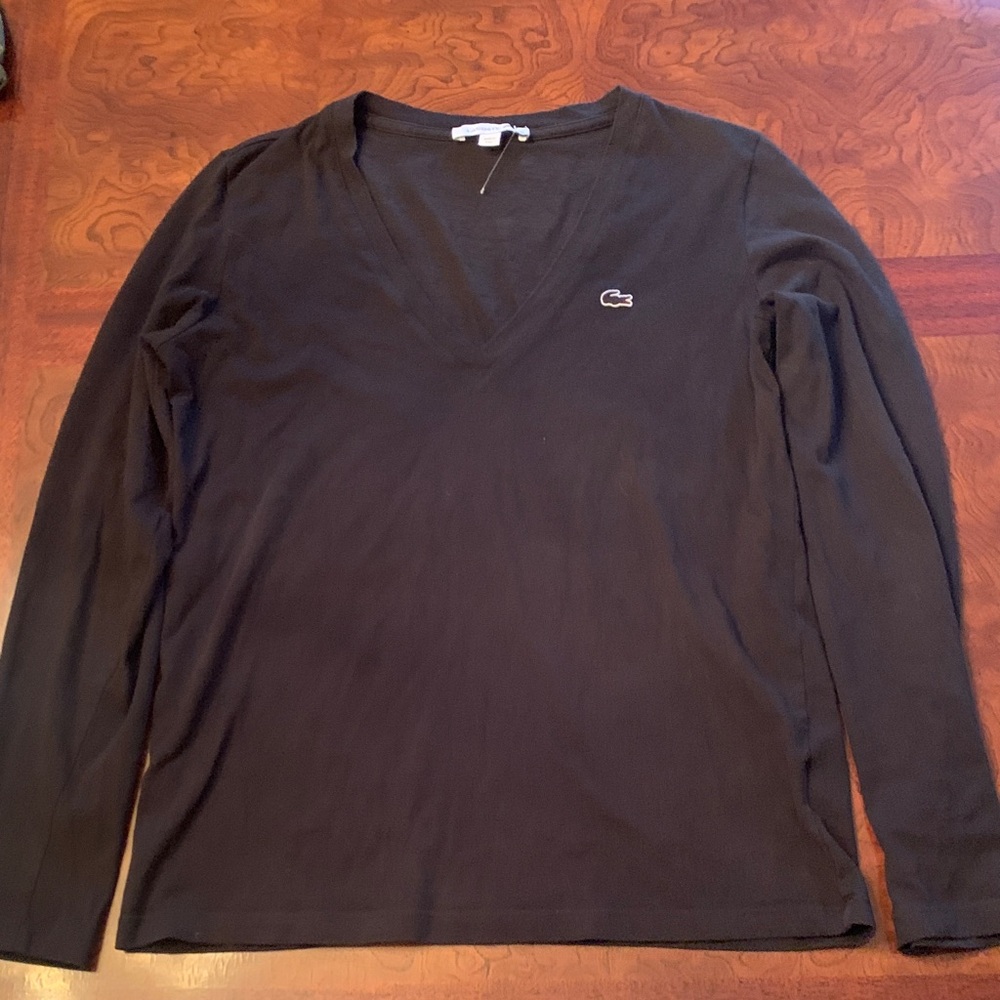 Lacoste Black V‑Neck Long Sleeve Top with Croc Logo